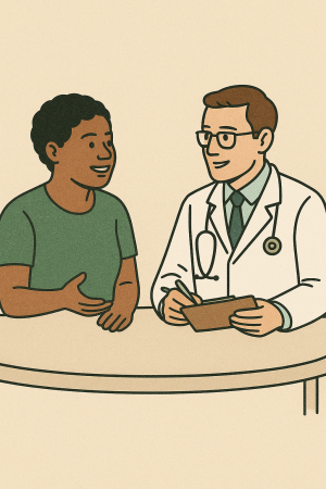 Image of a patient and doctor in collaborative conversation