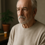 Senior man holding a cannabis leaf and prescription bottle, with a thoughtful expression