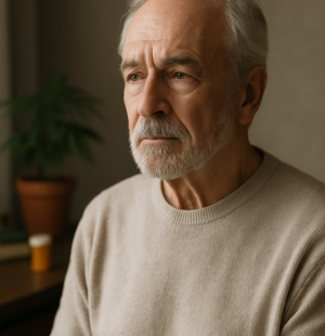 Senior man holding a cannabis leaf and prescription bottle, with a thoughtful expression