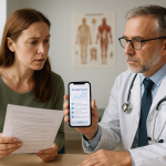Patient referencing AI-generated content on phone during doctor visit
