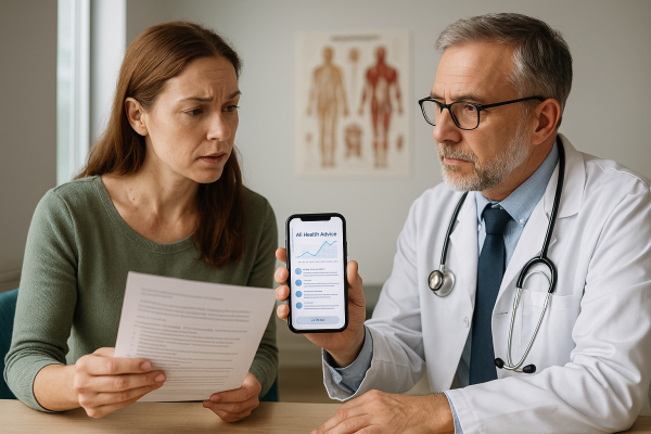 Patient referencing AI-generated content on phone during doctor visit