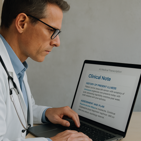 Doctor reviewing a digital transcription with ambient scribe software