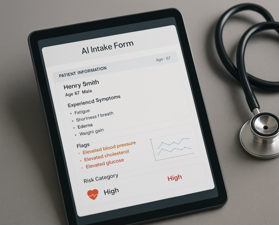AI-enhanced intake forms on a screen next to a stethoscope