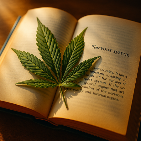 Macro photo of a cannabis leaf pressed inside a medical textbook under warm light.