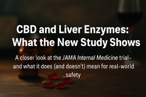 Foggy blue-and-green header image with the title "CBD and Liver Enzymes: The Real Story" overlaid in clean serif font.