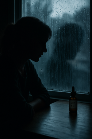 Silhouetted figure staring out a rainy window with a bottle of CBD oil nearby. Represents uncertainty of CBD and liver enzymes