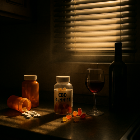 Still life of everyday wellness items—CBD gummies, pill bottles, wine—lit dramatically in a moody kitchen. Represents CBD and liver enzymes bump as relevant.