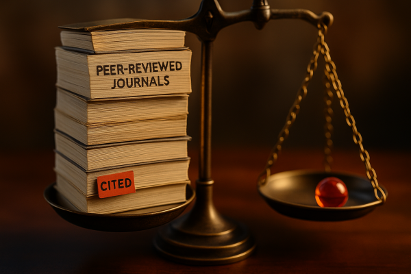 Close-up of a balance scale weighing journals against a single red marble.