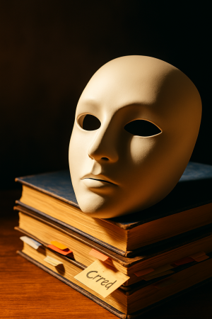 Stage mask lit dramatically atop closed textbooks in shadow.