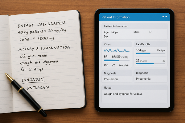 pen-and-paper medical notes next to a digital tablet