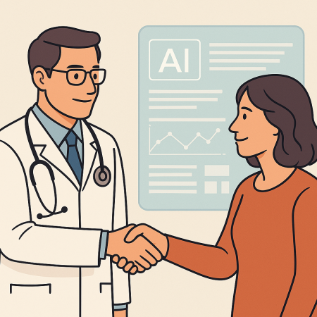 a warm patient-doctor handshake beside a transparent AI screen