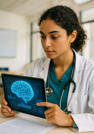 Medical student interacting with AI-powered learning tool