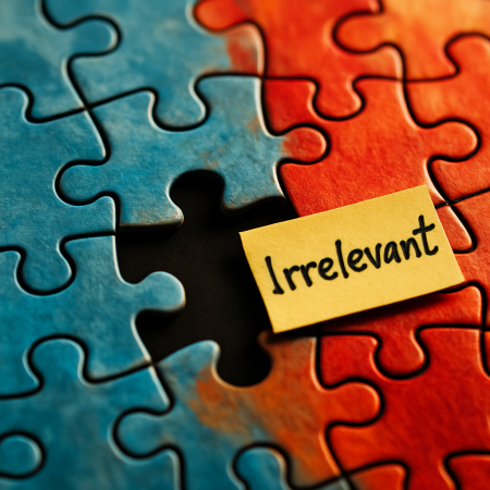 Close-up of a nearly completed jigsaw puzzle missing a center piece with a note that reads “Irrelevant.”