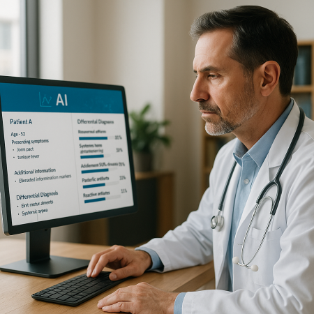 physician at computer with AI-generated chart suggestions