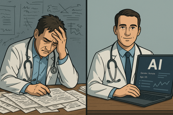 a tired physician with chaotic notes and a second version looking calm with AI