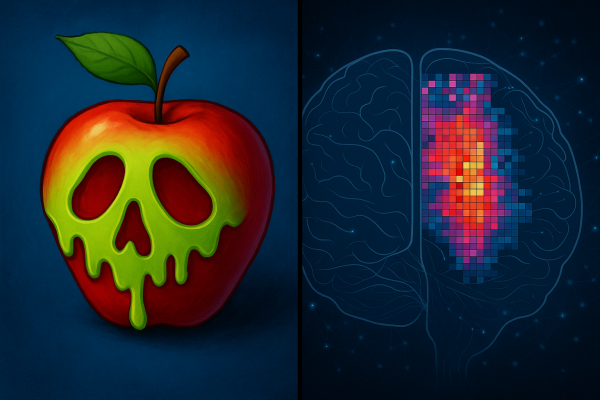 A split screen: fairy tale apple on one side, complex brain data on the other