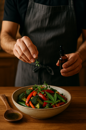 Chef plating infused veggie stir fry with garnish