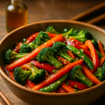 Stir fry vegetables glistening in cannabis oil, served in a ceramic bowl