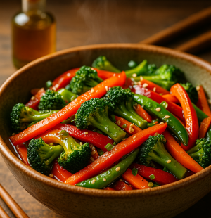 Stir fry vegetables glistening in cannabis oil, served in a ceramic bowl