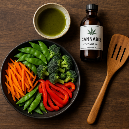 Sliced vegetables ready for stir-frying with a bottle of cannabis oil