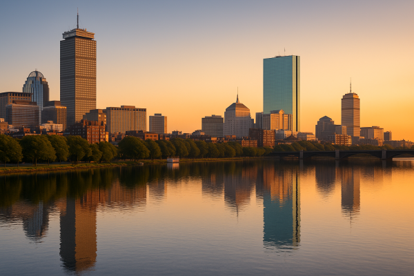 Boston skyline at sunrise representing the city’s collaborative medical community.