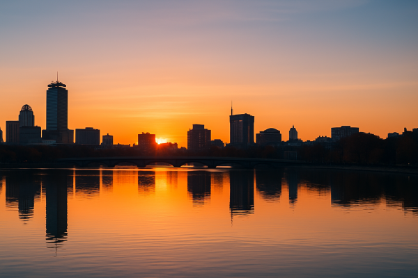 Sunrise over the Charles River representing compassionate medical cannabis care for seniors and veterans in Boston and Cambridge