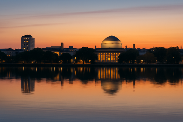 Cambridge skyline at dusk reflecting medical innovation and recovery. Caption: Knowledge guiding care.