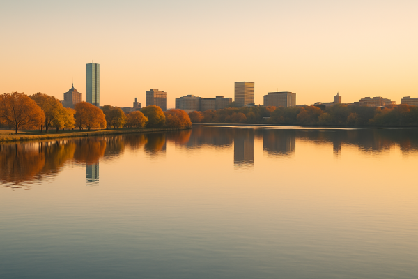 The Charles River reflecting the Cambridge skyline during golden hour.Caption: Wellness is balance in motion.