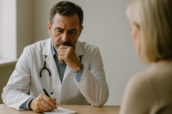 doctor pausing before writing prescription