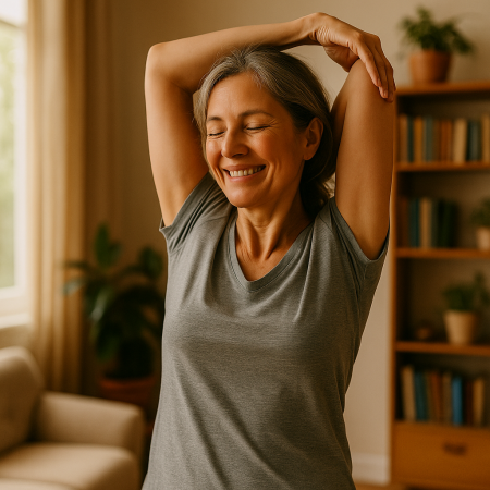 Massachusetts woman stretching in morning light representing everyday recovery and trust in medical cannabis care