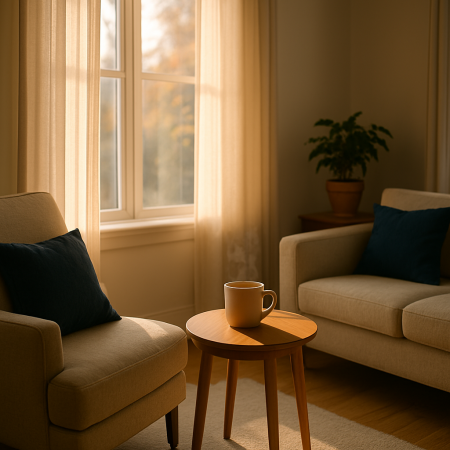 A peaceful Massachusetts home interior representing calm and mental balance after guided care.