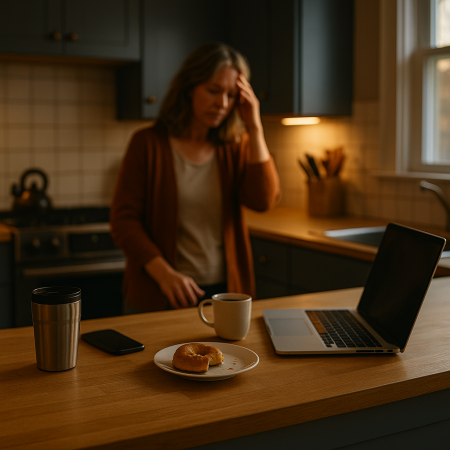 A busy Massachusetts kitchen scene symbolizing the mental overload of anxiety in daily life.