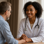 patient-doctor handshake in conversation