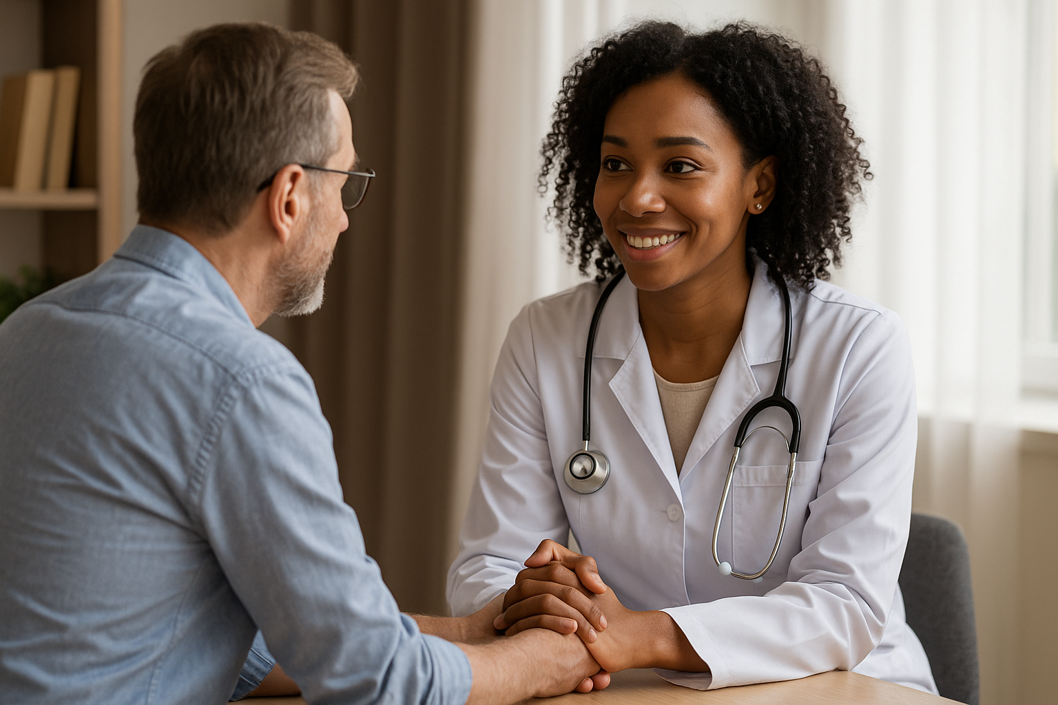 patient-doctor handshake in conversation