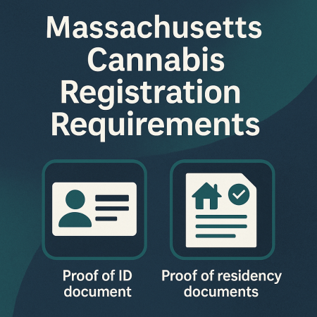 Abstract image symbolizing Massachusetts cannabis registration, featuring icons for ID and residency proof in calming blue-green tones