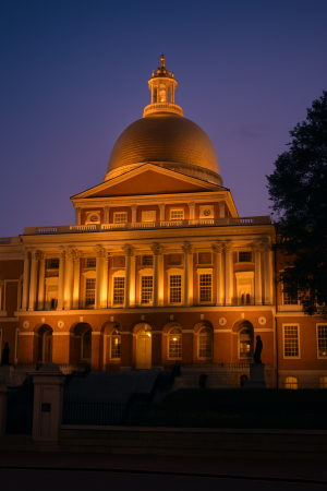 Massachusetts State House glowing at twilight symbolizing respect and recovery for veterans.