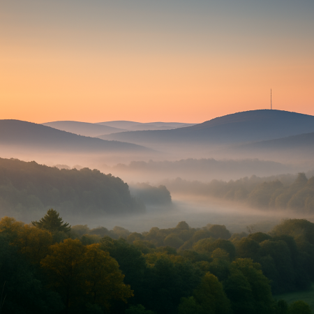 Rolling Western Massachusetts hills under morning mist representing telehealth access.