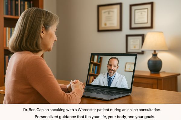 Dr. Ben Caplan speaking with a Worcester patient during an online consultation