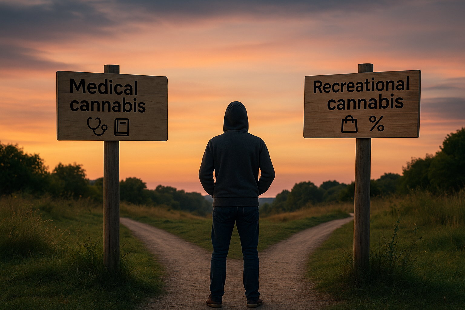 Medical Cannabis at a Crossroads 4 person standing at a fork in the road labeled medical cannabis and recreational cannabis