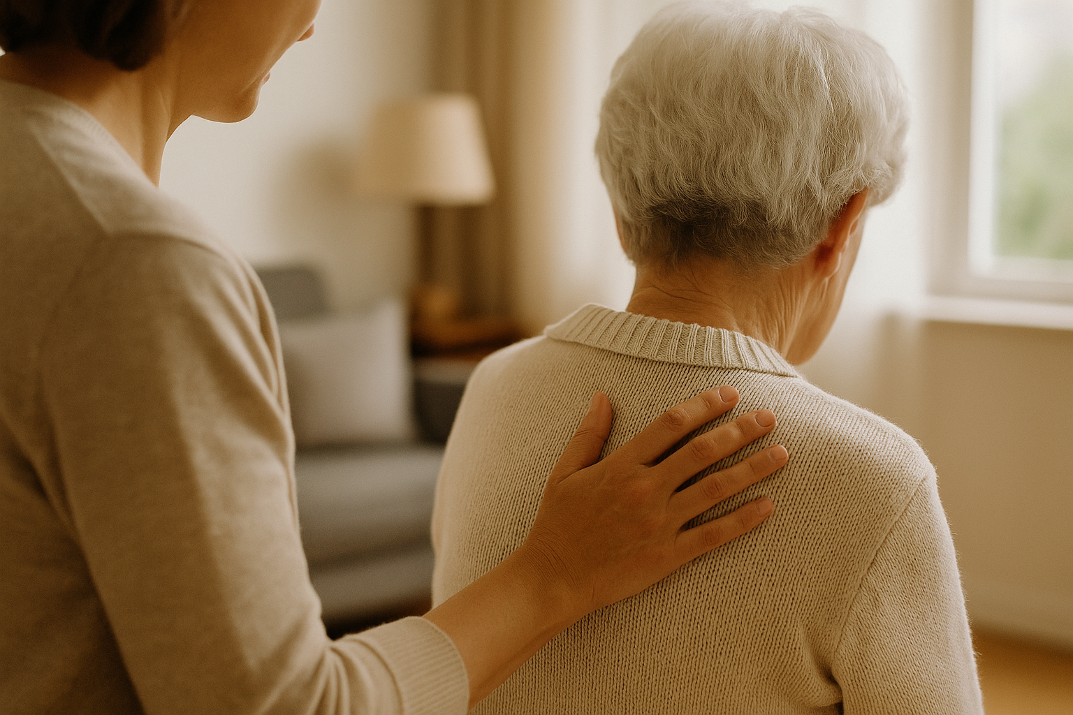 Supportive hand on the back of an older woman while walking together.