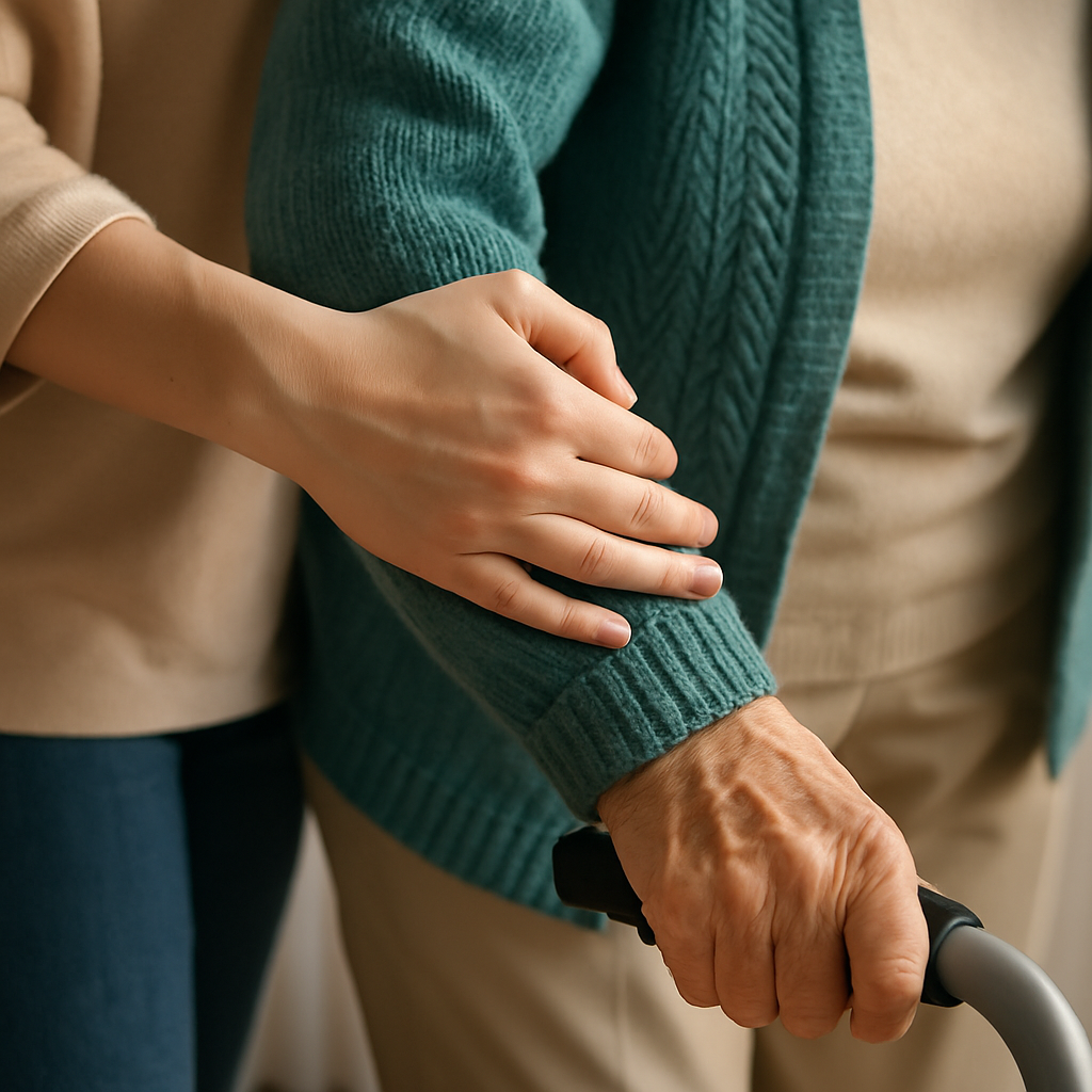 Hand resting supportively on the arm of an elderly person with a walker.