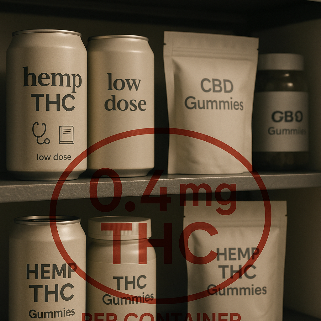 Medical Cannabis at a Crossroads 5 shelf of hemp derived THC drinks and gummies with an overlaid 0.4 mg THC limit notice