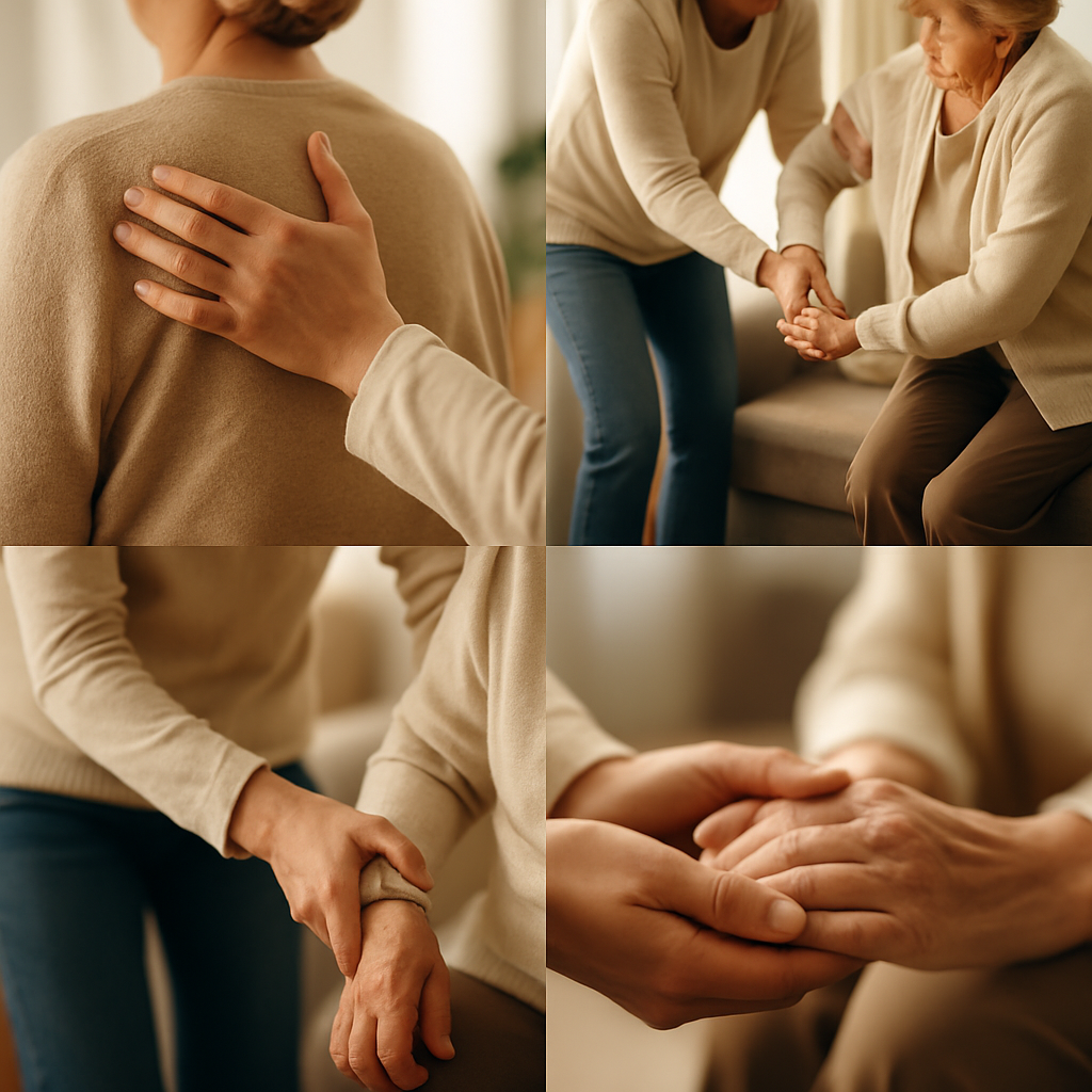 Four small scenes of caregivers helping seniors with daily life.