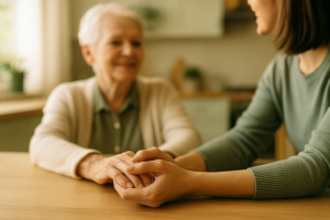 Close up of a caregiver gently holding an elderly woman's hand.