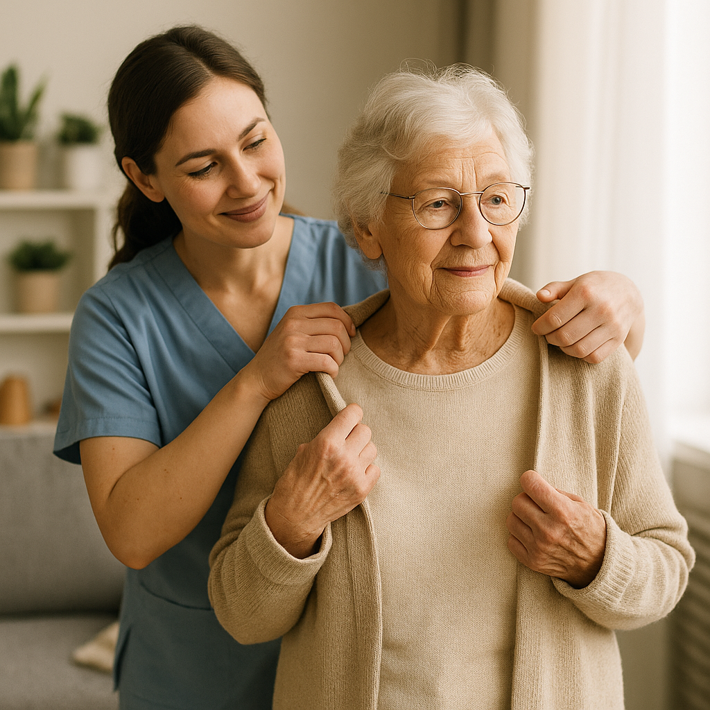Caregiver gently helping an older woman into a jacket.