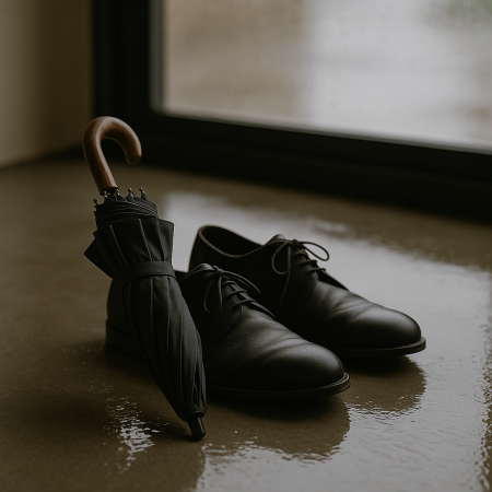 Umbrella and shoes on wet floor illustrating correlation versus causation 
