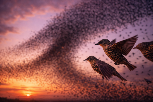 Murmuration of starlings creating fluid patterns against sunset sky demonstrating emergent systems in biology 