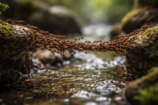 Photorealistic macro photograph of a living ant bridge formed by hundreds of ants linking their bodies to span a flowing stream, demonstrating collective problem solving and emergent coordination in nature.
