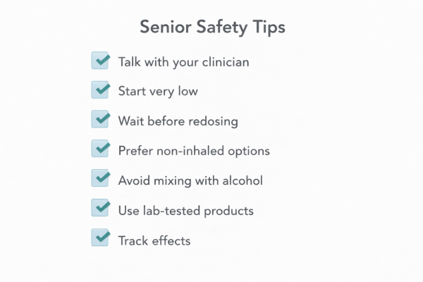 Clinical checklist graphic summarizing safety guidance for older adults using cannabis, including clinician communication, low starting doses, delayed redosing, non-inhaled options, avoiding alcohol, lab testing, and tracking effects, relevant to the endocannabinoid system in older adults.