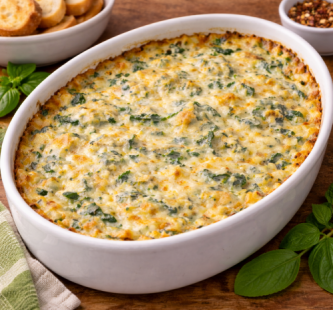 Creamy cannabis infused spinach artichoke dip fresh from oven